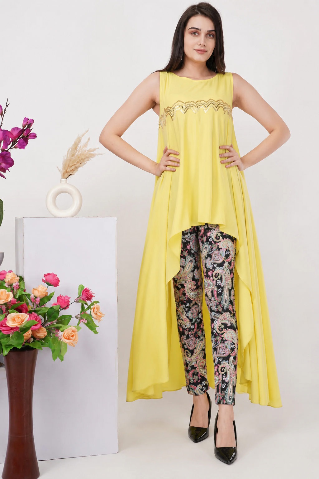 Yellow Multi-wear Top with Black Paisley Pants