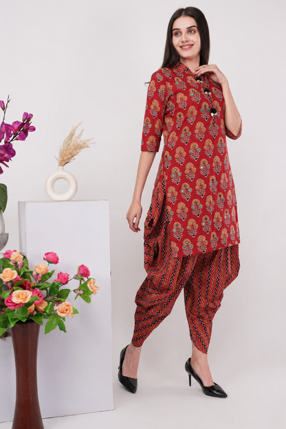Brick Red Printed Kurta Dhoti Set