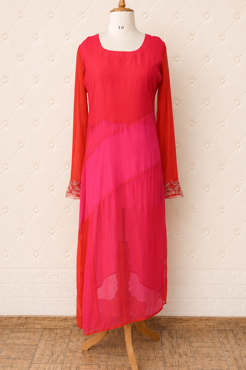 Red and Pink Colour Block Georgette Kurta