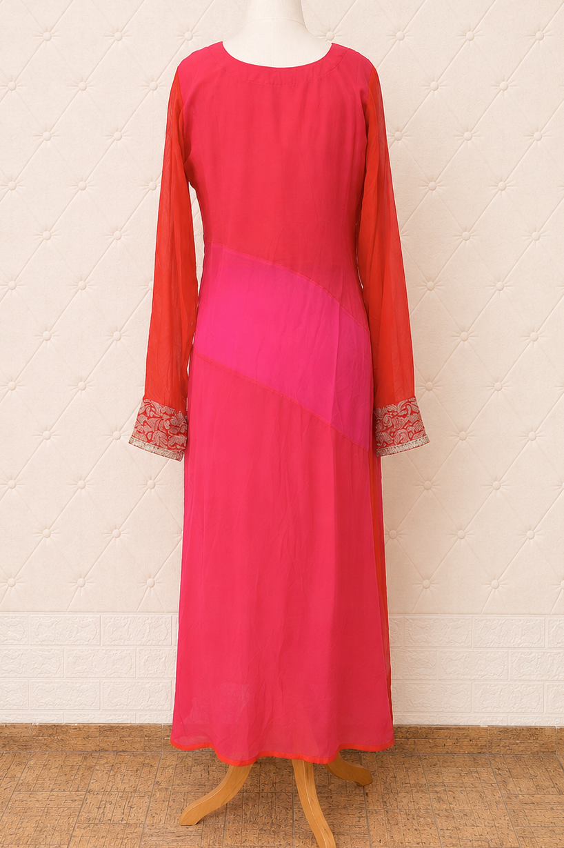 Red and Pink Colour Block Georgette Kurta