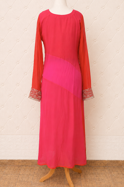 Red and Pink Colour Block Georgette Kurta