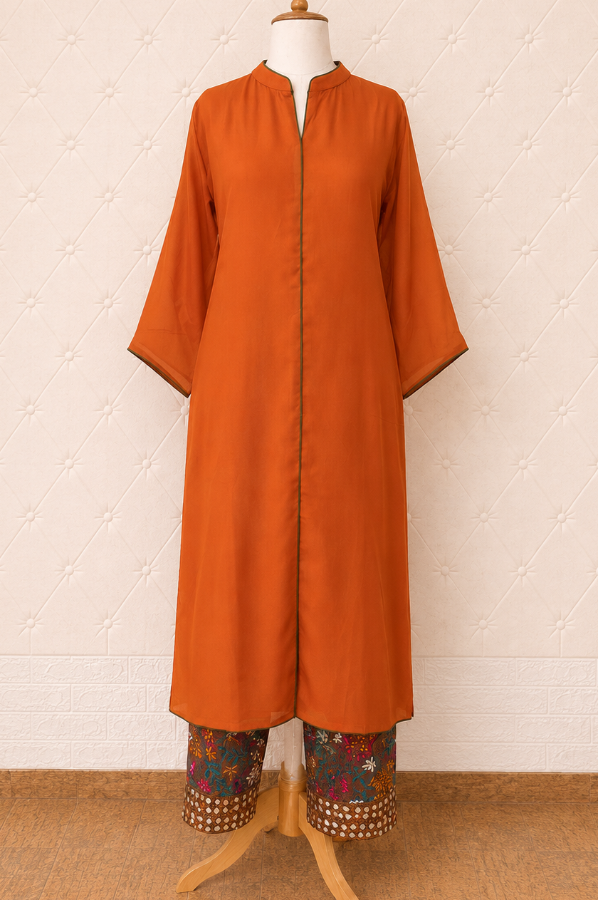 Orange Georgette Unstitched Kurta and Phulkari Stitched Salwar Set
