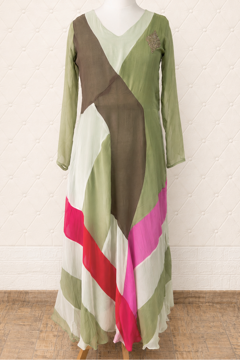 Green and Pink Geometric Digital Print Dress