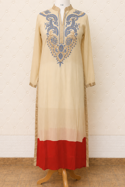 Offwhite, Blue and Gold Embroidered Georgette Kurta