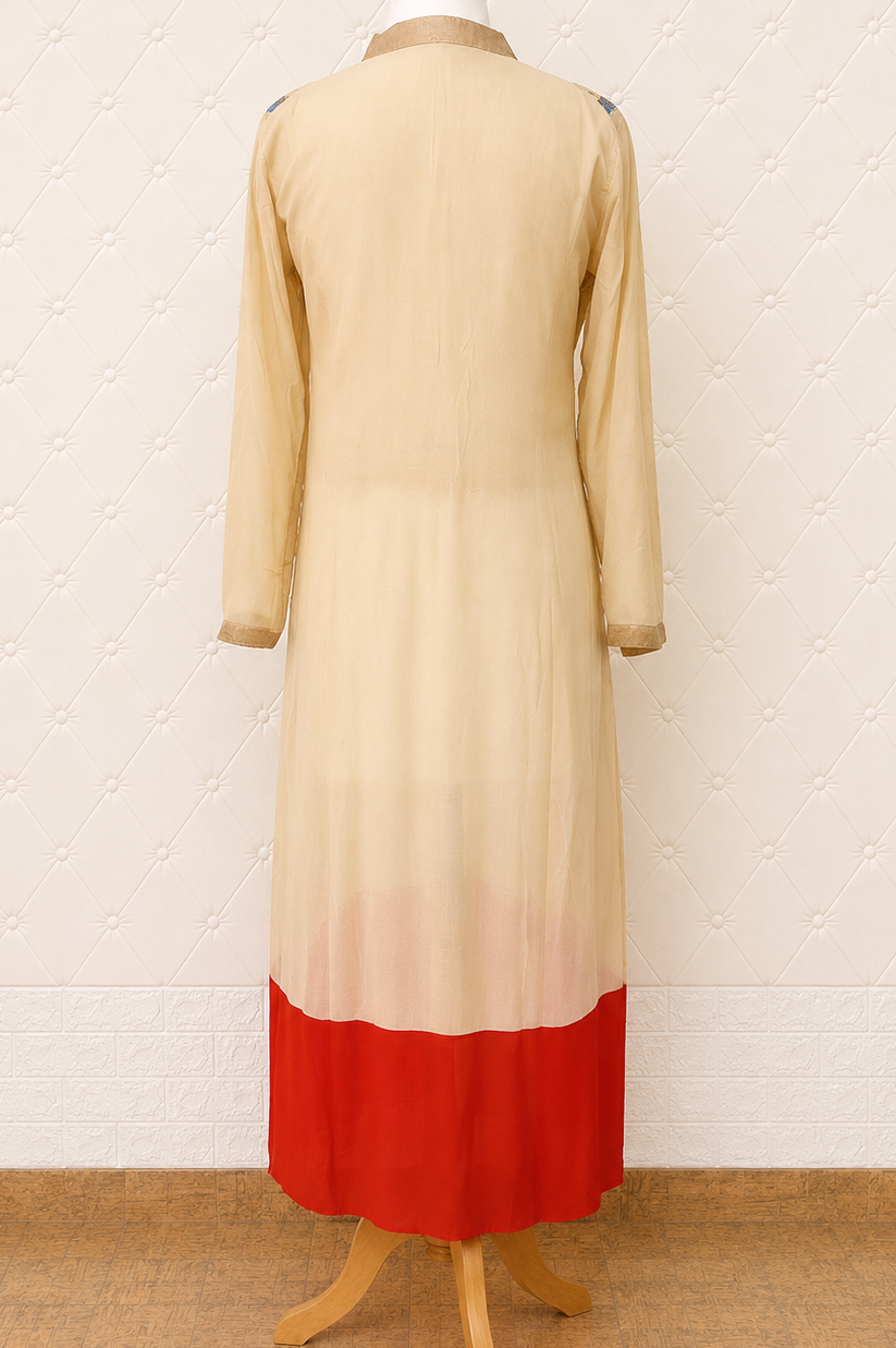 Offwhite, Blue and Gold Embroidered Georgette Kurta