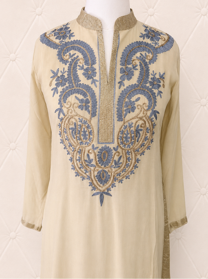 Offwhite, Blue and Gold Embroidered Georgette Kurta
