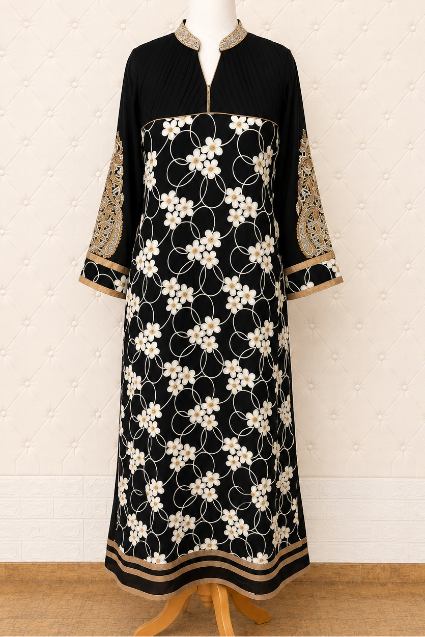 Black Georgette Kurta with White Floral Embroidery