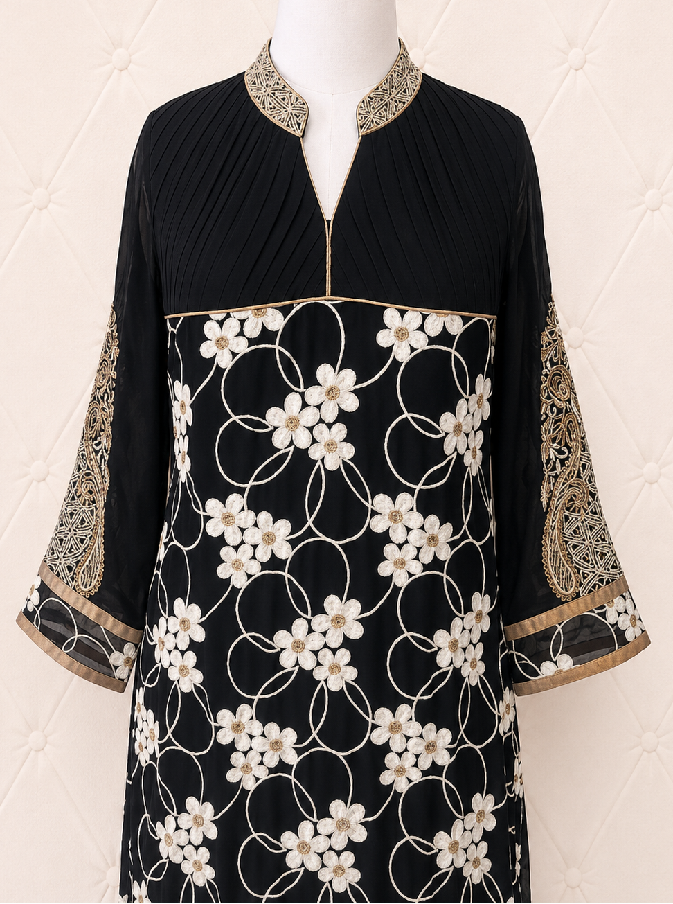 Black Georgette Kurta with White Floral Embroidery