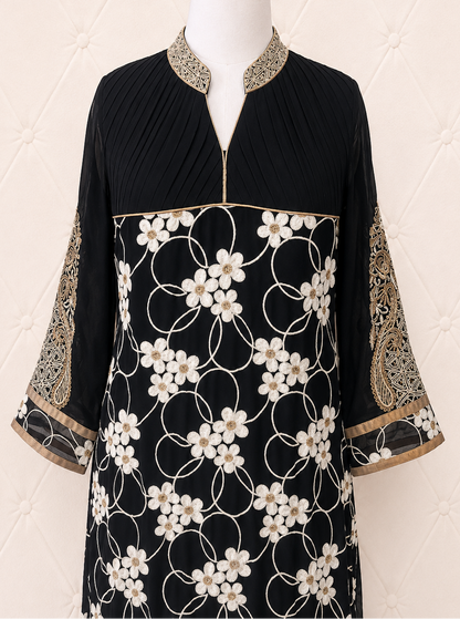 Black Georgette Kurta with White Floral Embroidery