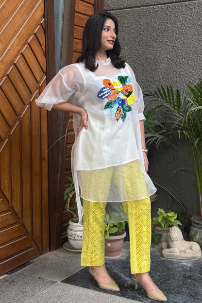 White and Yellow Co-ord Set with Sheer White Tunic