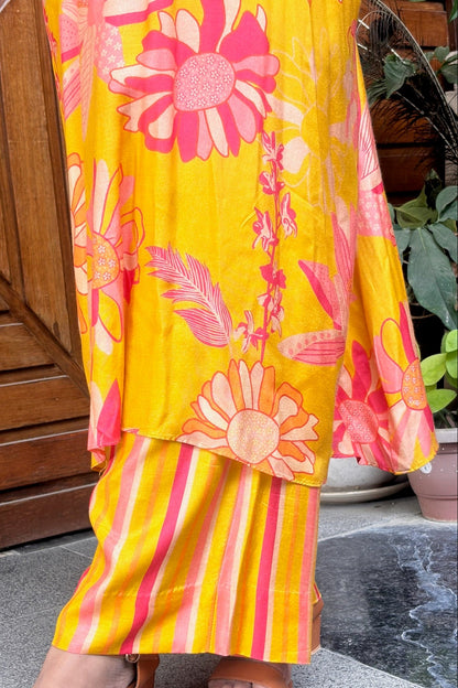 Yellow and Bright Pink Floral Kaftan Co-ord Set