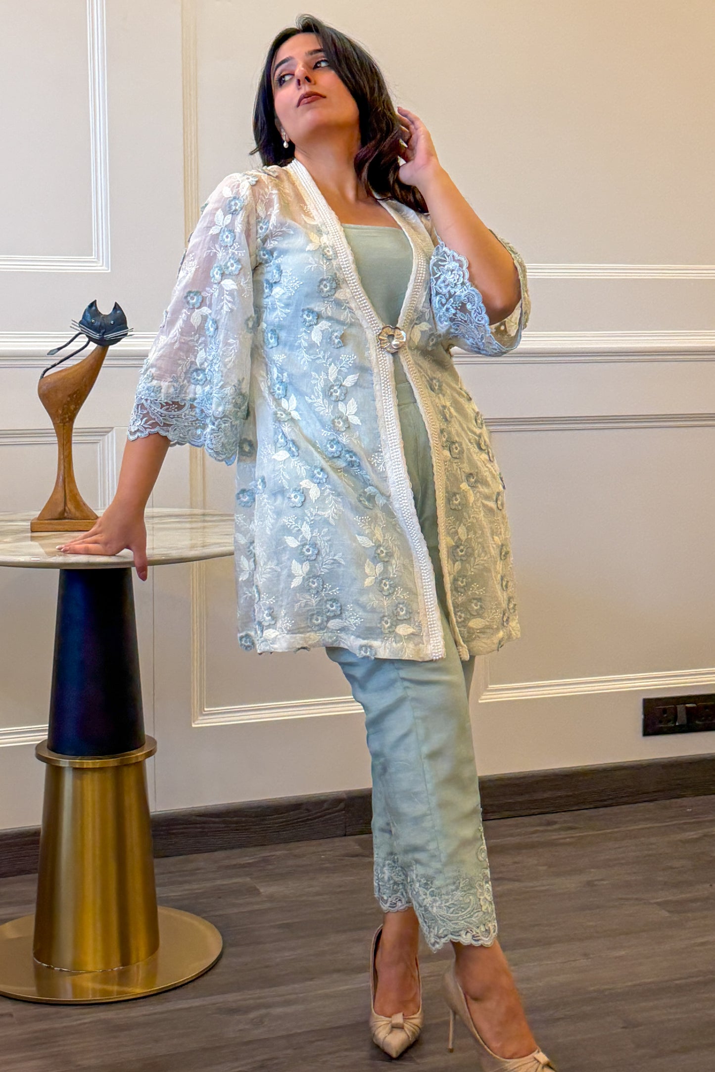 Blue-Grey Applique Floral Co-ord Set