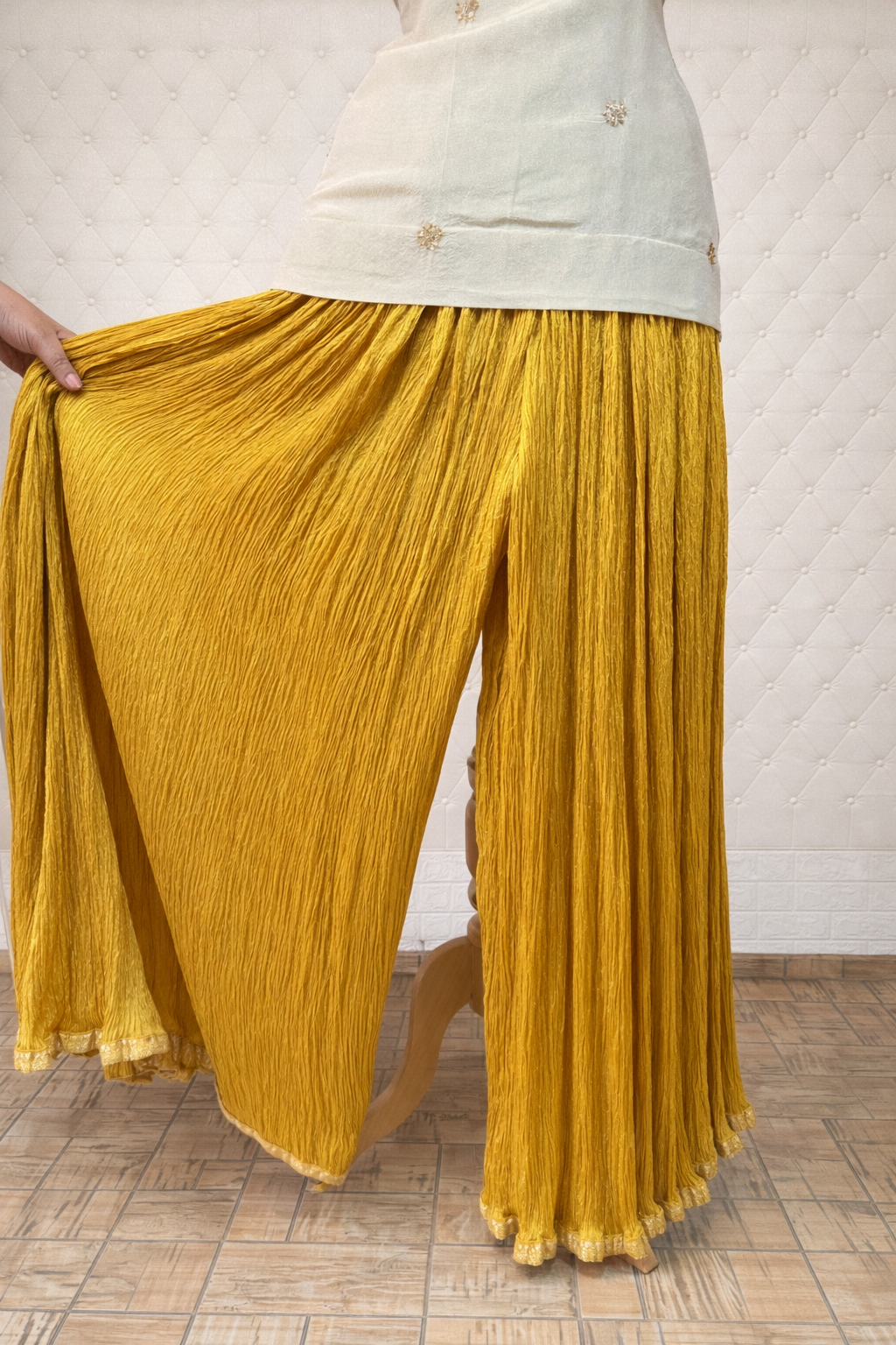 Off-White Tissue Georgette Tunic with Yellow Crushed Tissue Sharara