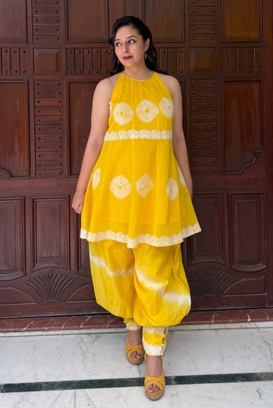Yellow Bandhini-Leheriya Mul Chanderi Co-ord Set