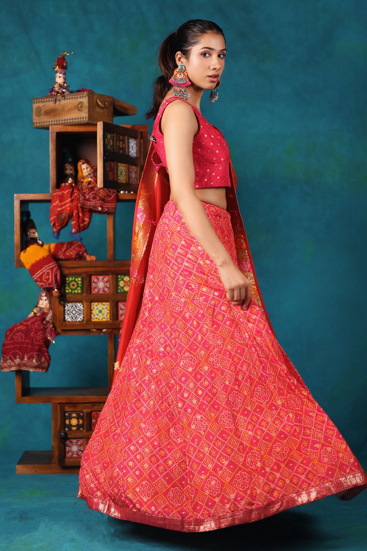 Bright Pink and Red Bandhni Lehenga Set
