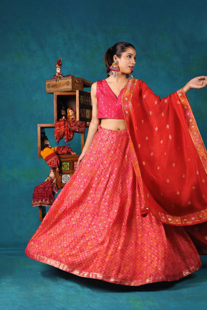 Bright Pink and Red Bandhni Lehenga Set