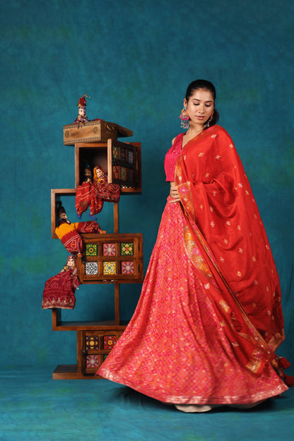 Bright Pink and Red Bandhni Lehenga Set