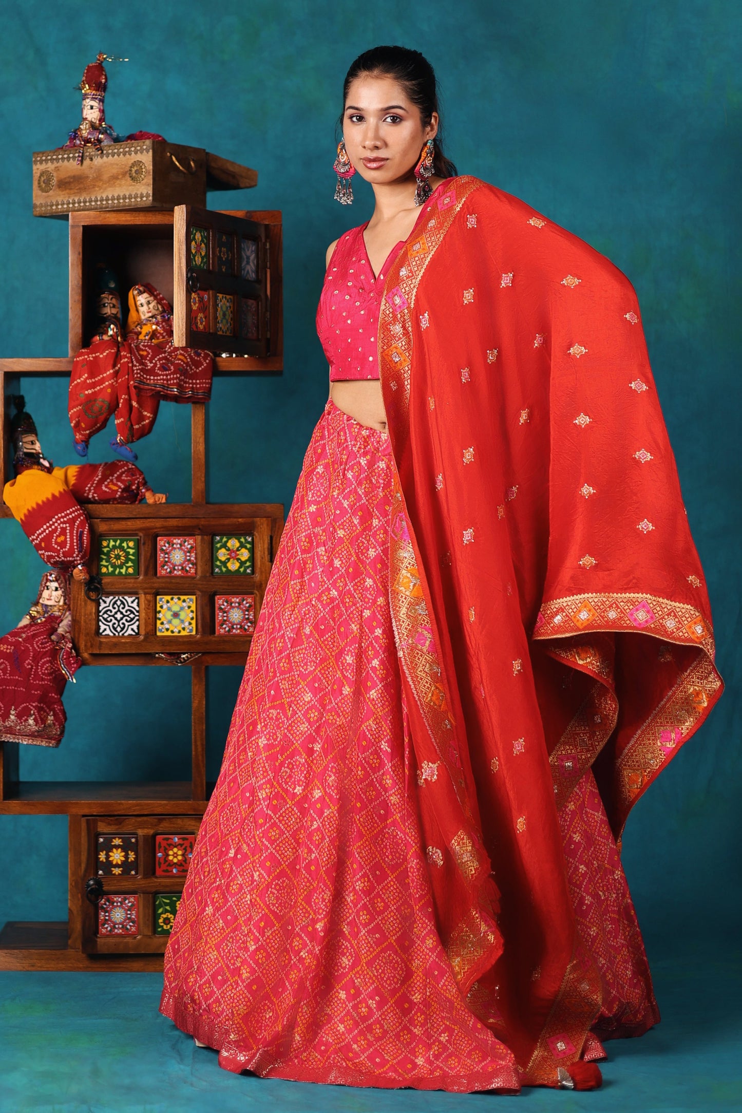 Bright Pink and Red Bandhni Lehenga Set