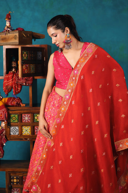 Bright Pink and Red Bandhni Lehenga Set