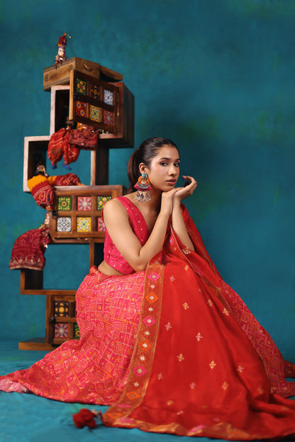 Bright Pink and Red Bandhni Lehenga Set