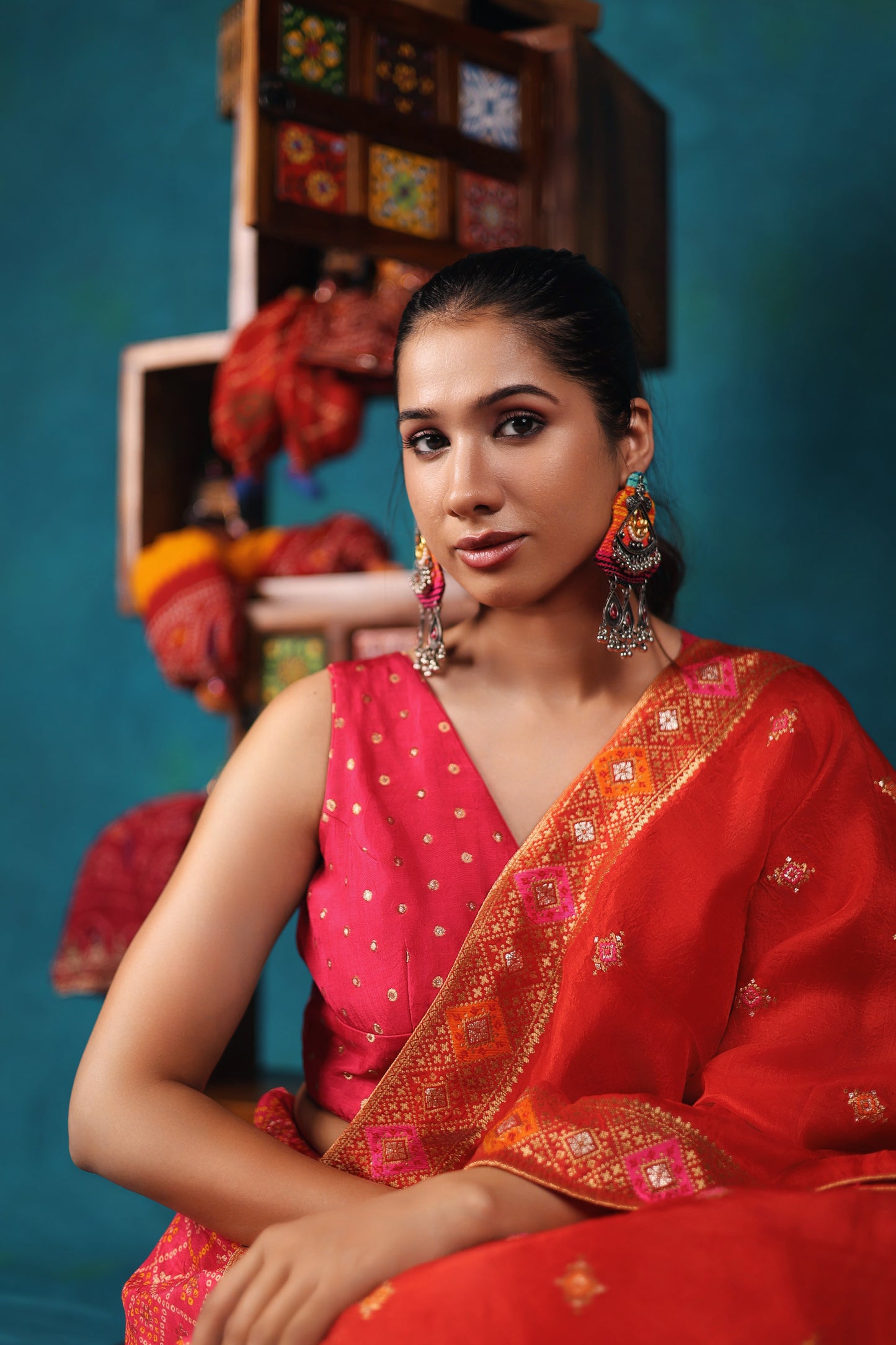 Bright Pink and Red Bandhni Lehenga Set
