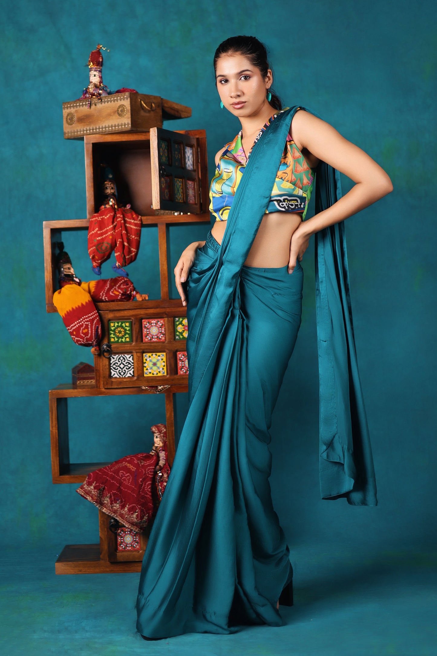 Teal Pre-stitched Saree with Chai-Printed Blouse