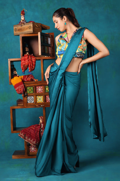 Teal Pre-stitched Saree with Chai-Printed Blouse