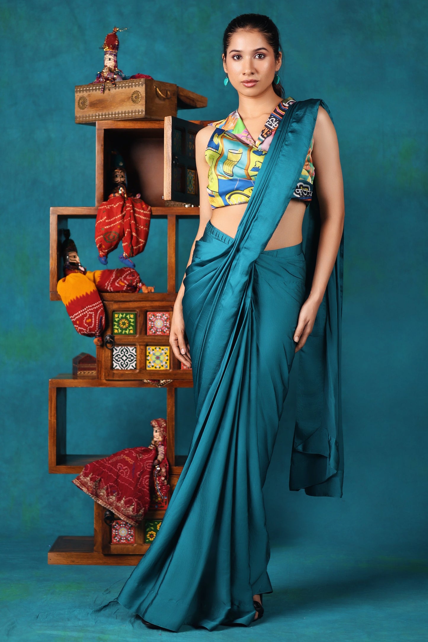Teal Pre-stitched Saree with Chai-Printed Blouse