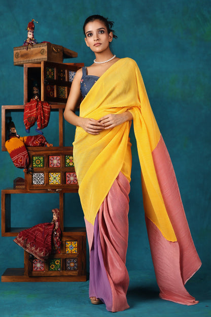 Colour Block Pleated Saree and Denim Blouse Set