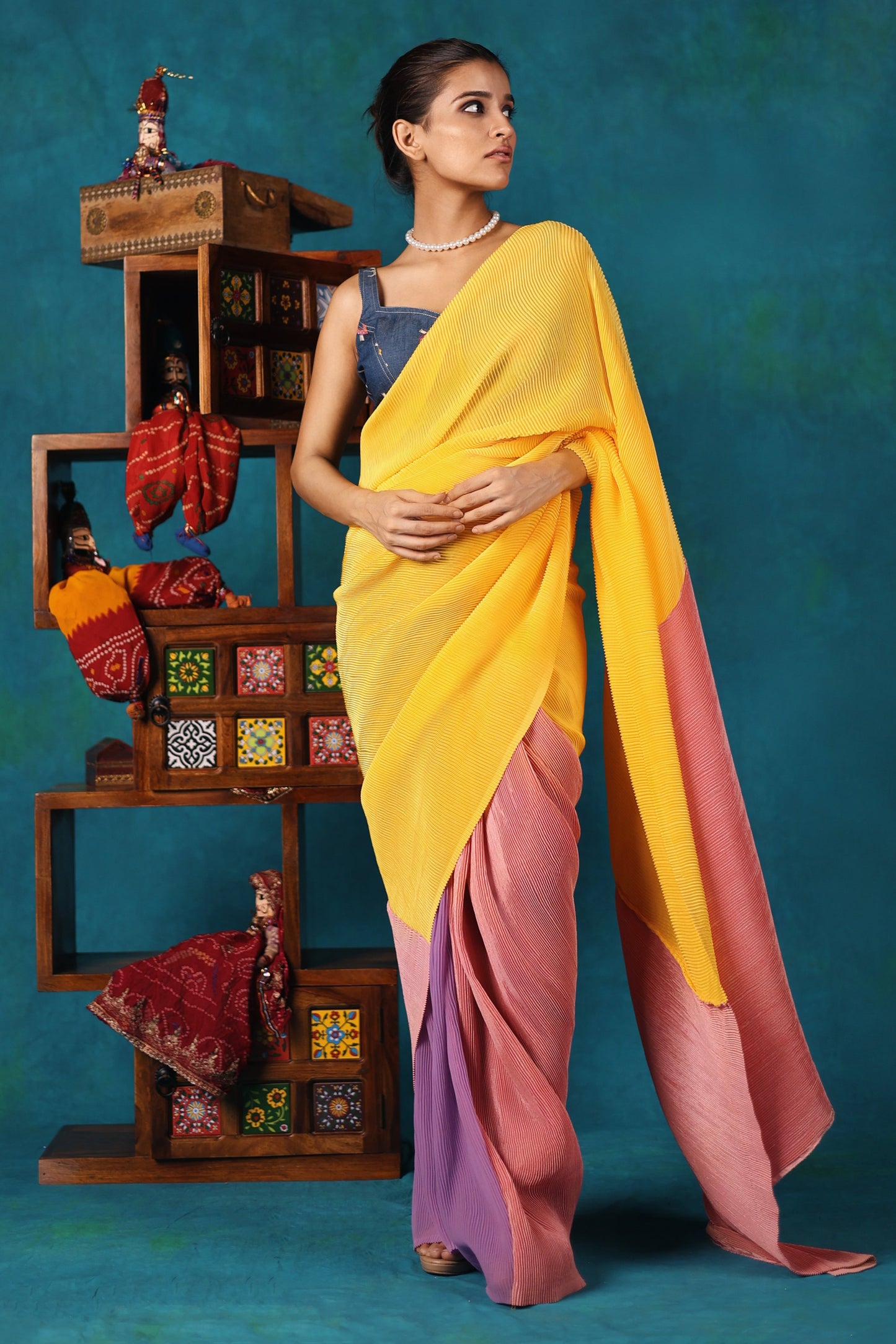 Colour Block Pleated Saree and Denim Blouse Set