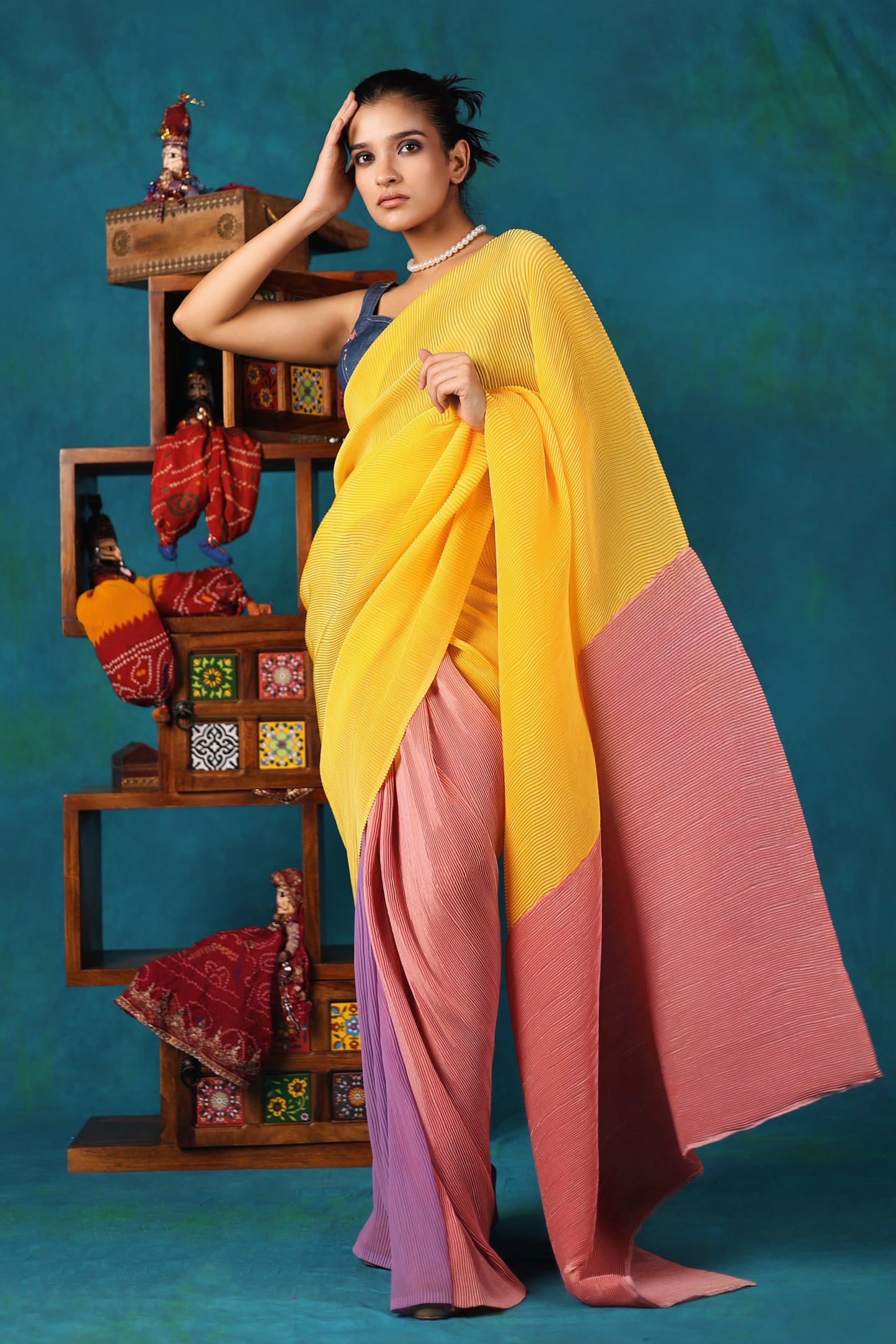 Colour Block Pleated Saree and Denim Blouse Set