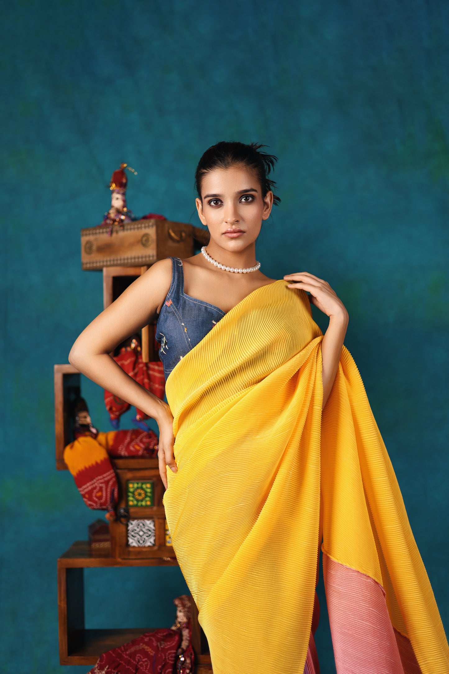 Colour Block Pleated Saree and Denim Blouse Set