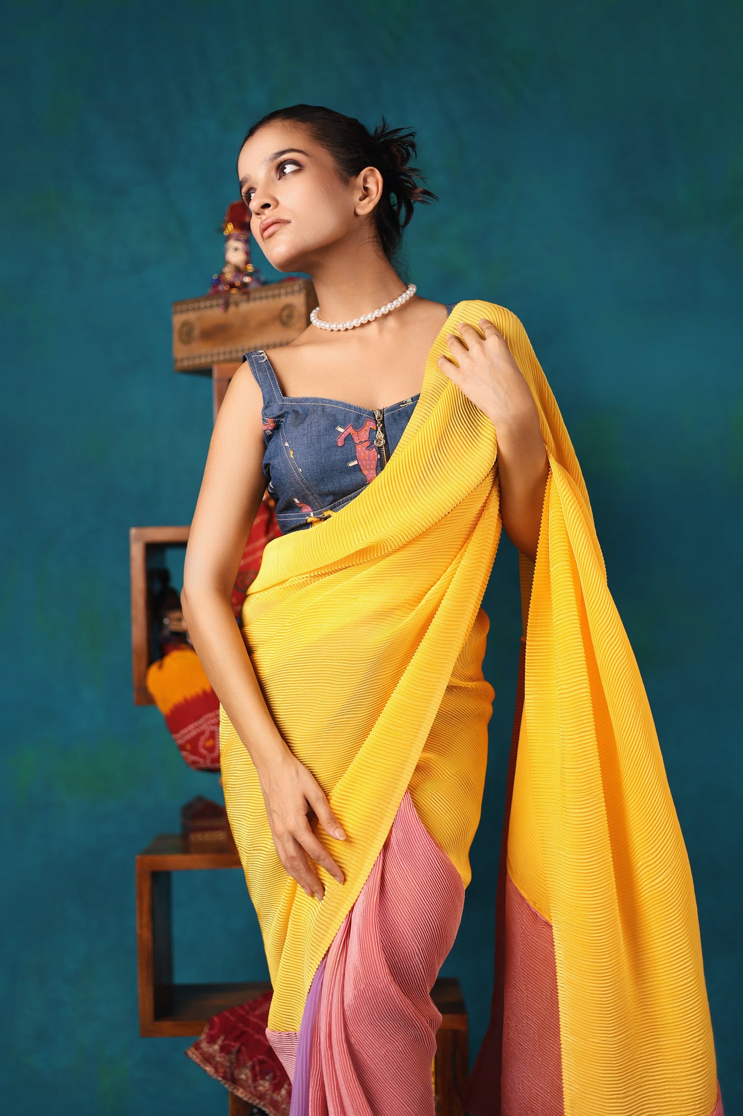Colour Block Pleated Saree and Denim Blouse Set