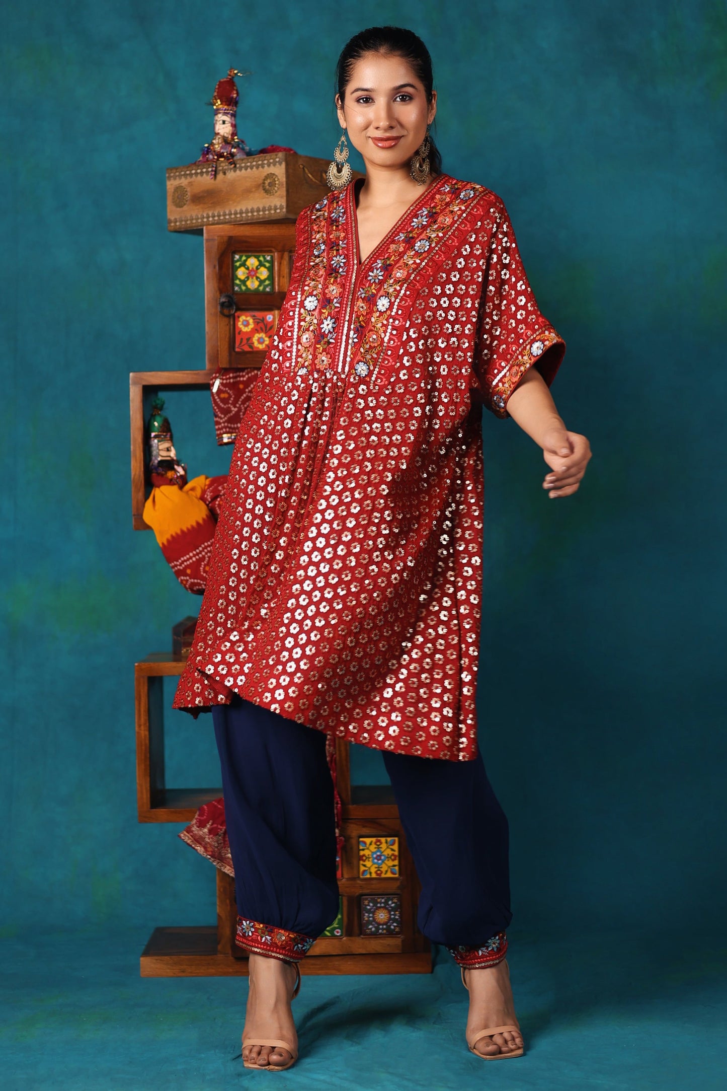 Maroon Embroidered Kaftan Kurta Set