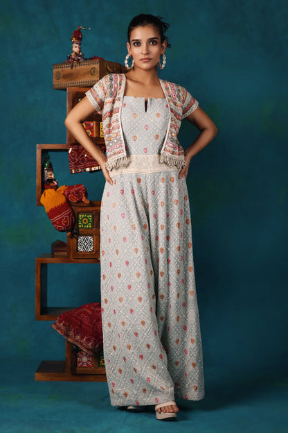 Powder Blue Embroidered Jumpsuit and Jacket Set