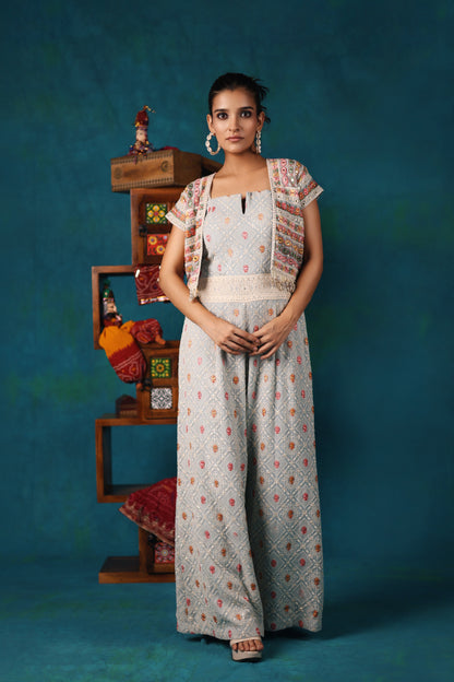 Powder Blue Embroidered Jumpsuit and Jacket Set