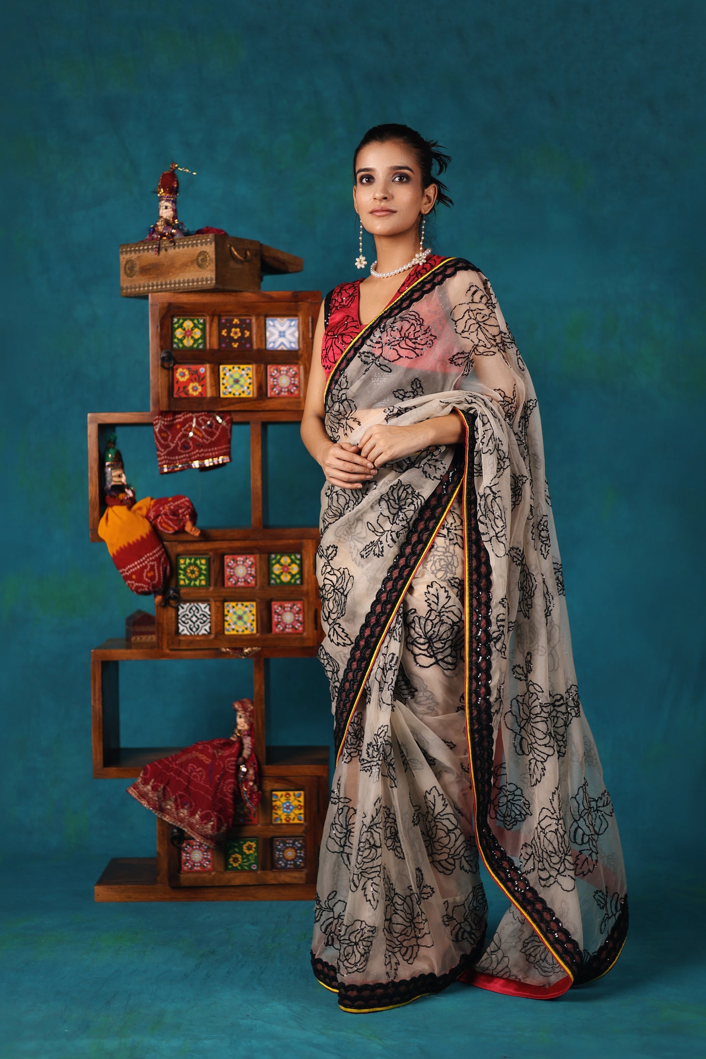 White and Magenta Pre-Stitched Saree Set