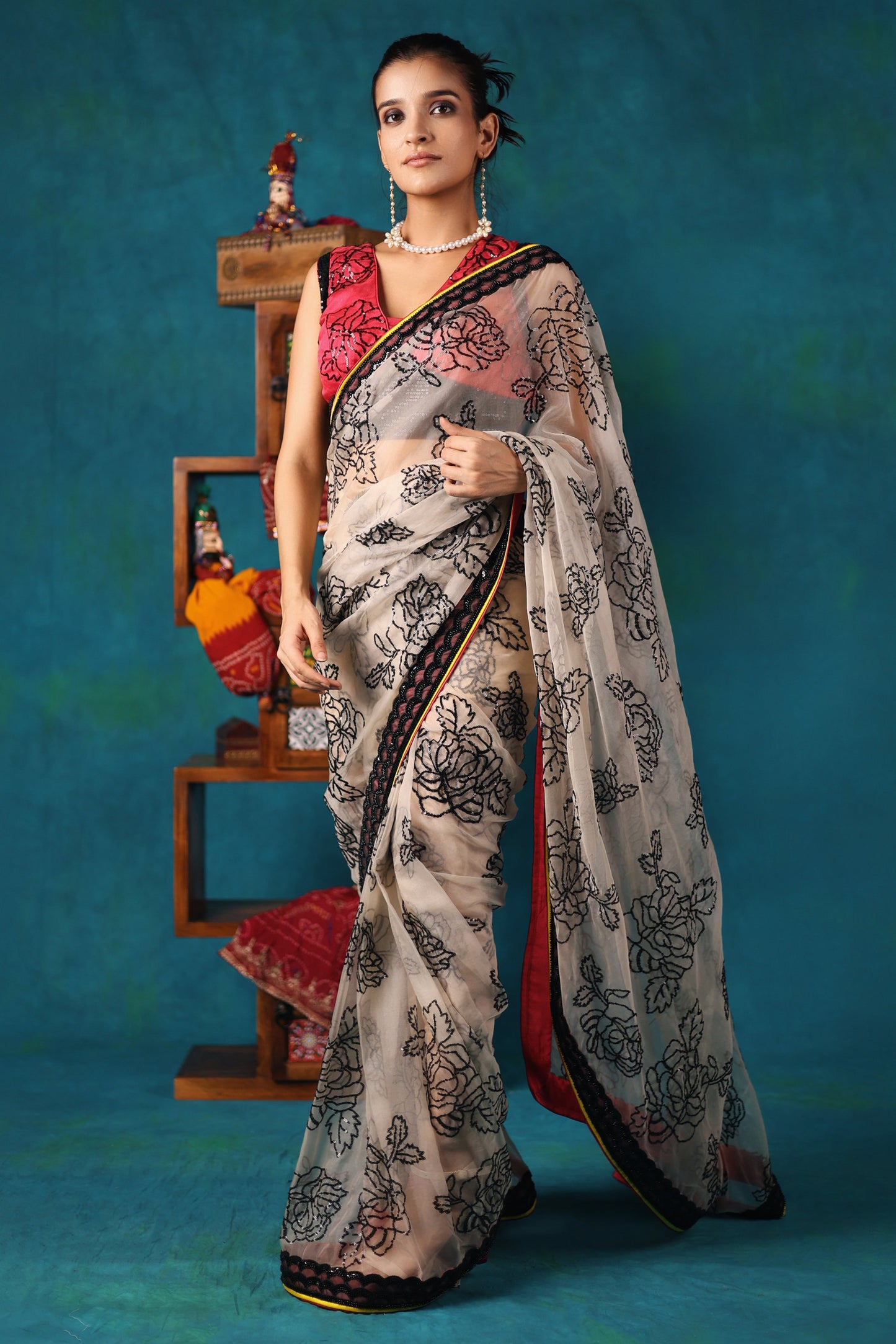 White and Magenta Pre-Stitched Saree Set