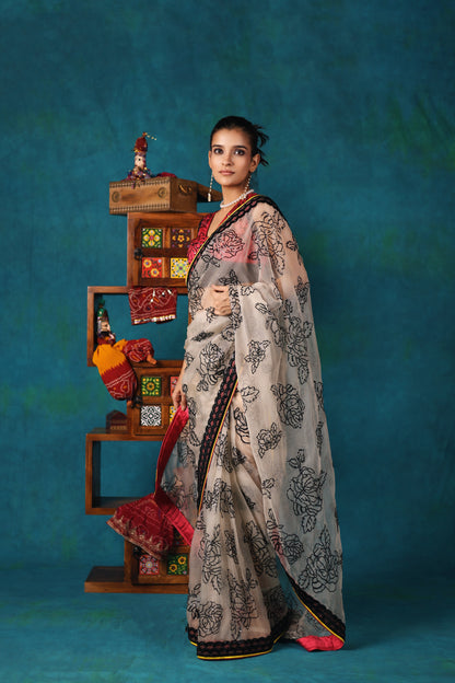 White and Magenta Pre-Stitched Saree Set