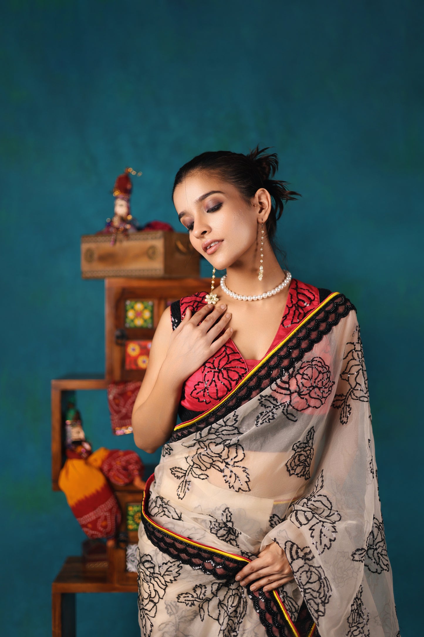 White and Magenta Pre-Stitched Saree Set