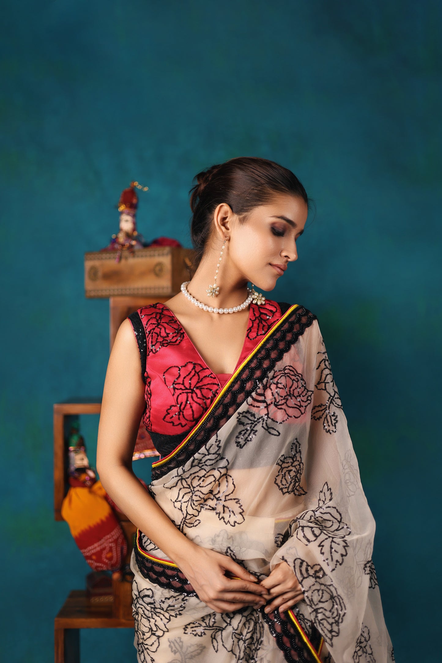 White and Magenta Pre-Stitched Saree Set