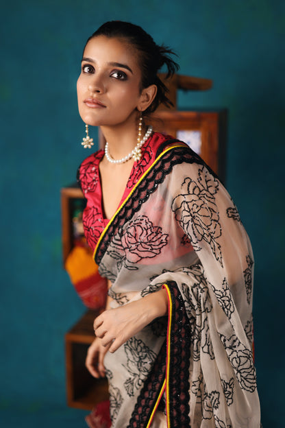 White and Magenta Pre-Stitched Saree Set