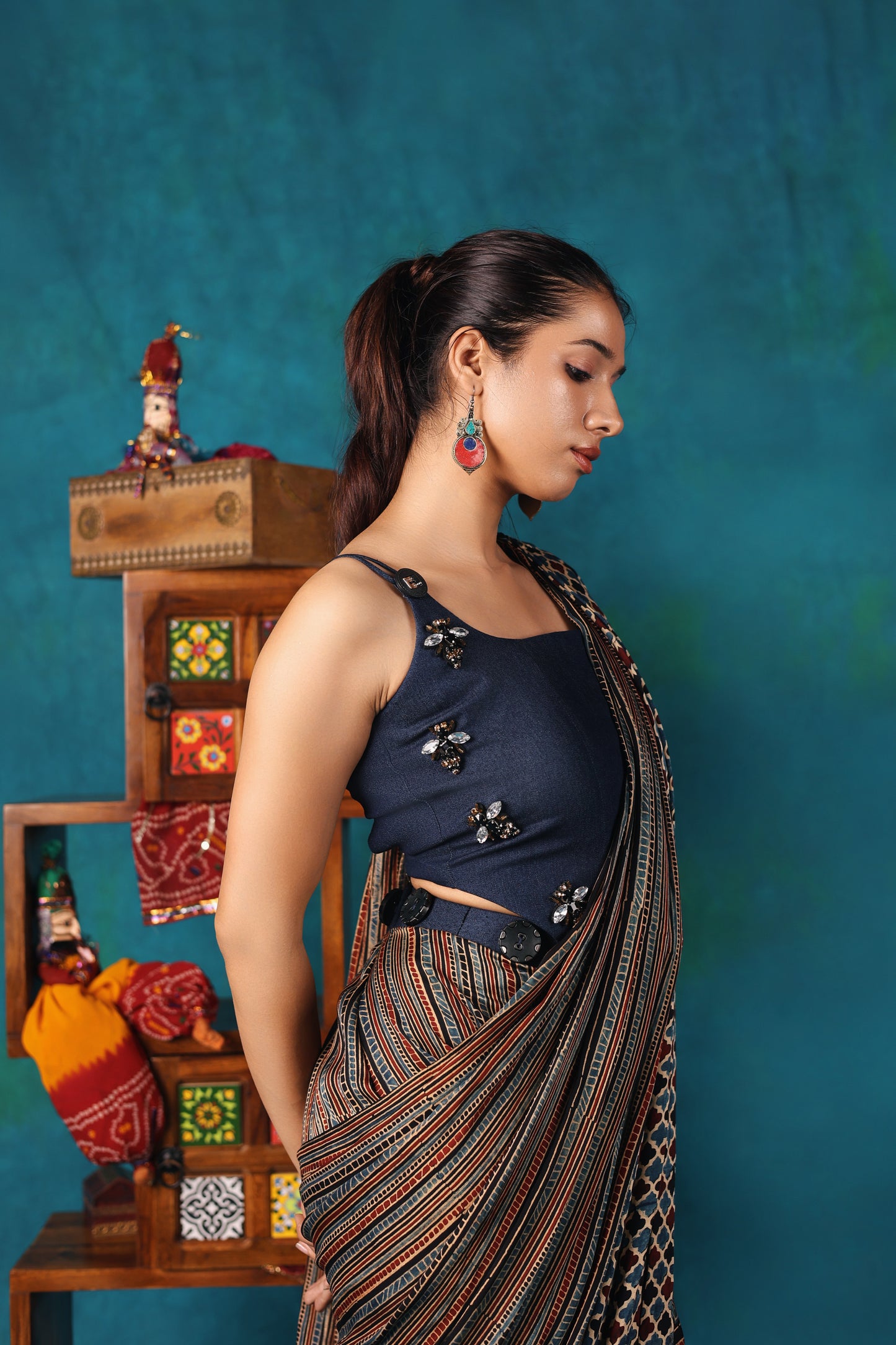 Ajrakh Concept Saree with Denim Blouse