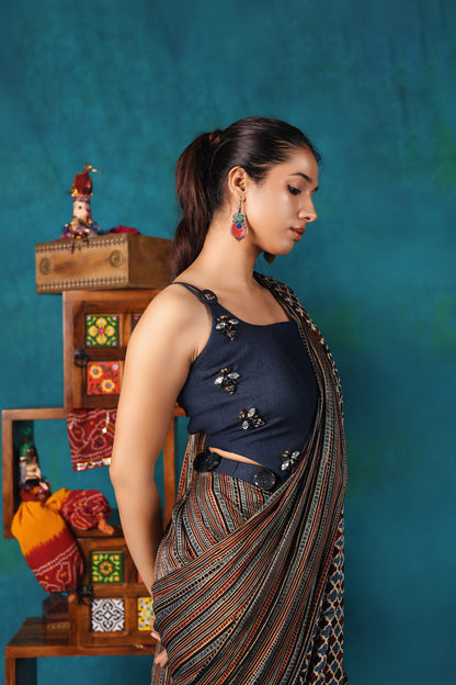 Ajrakh Concept Saree with Denim Blouse