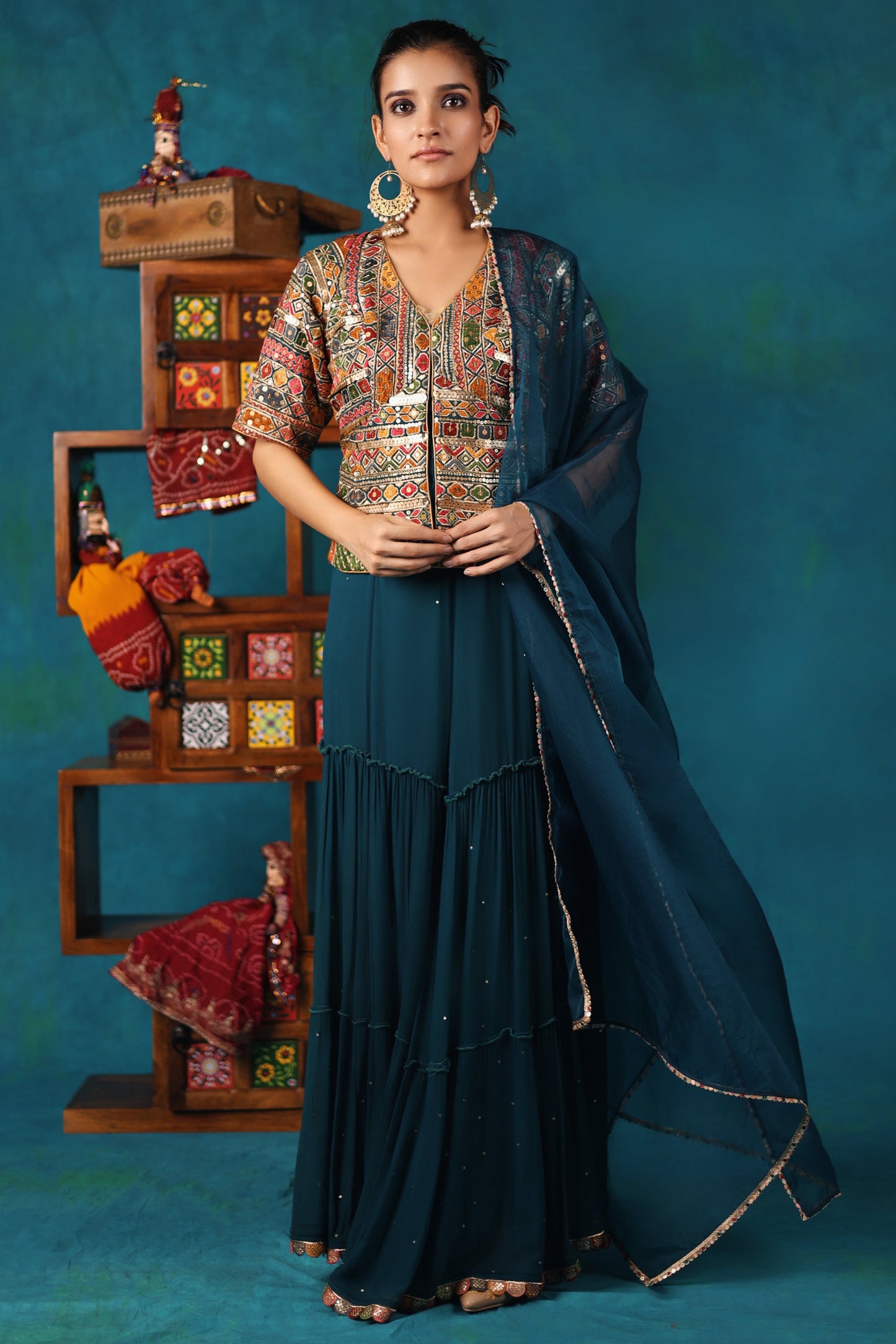 Teal Gharara and Corset Jacket Set