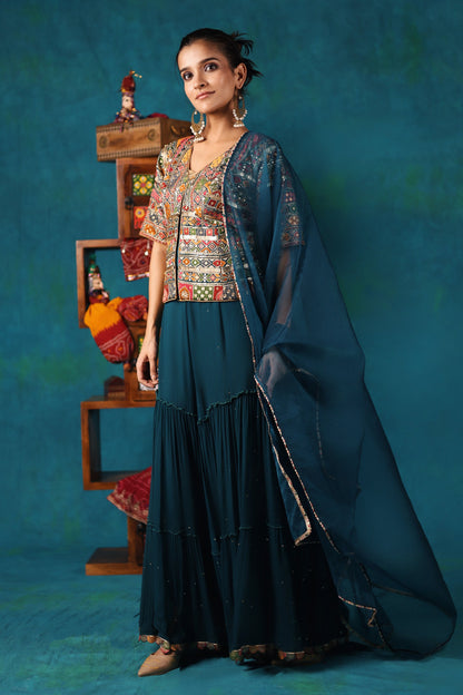 Teal Gharara and Corset Jacket Set