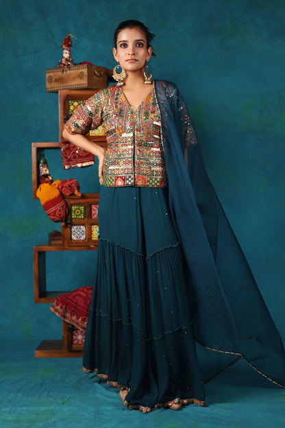 Teal Gharara and Corset Jacket Set