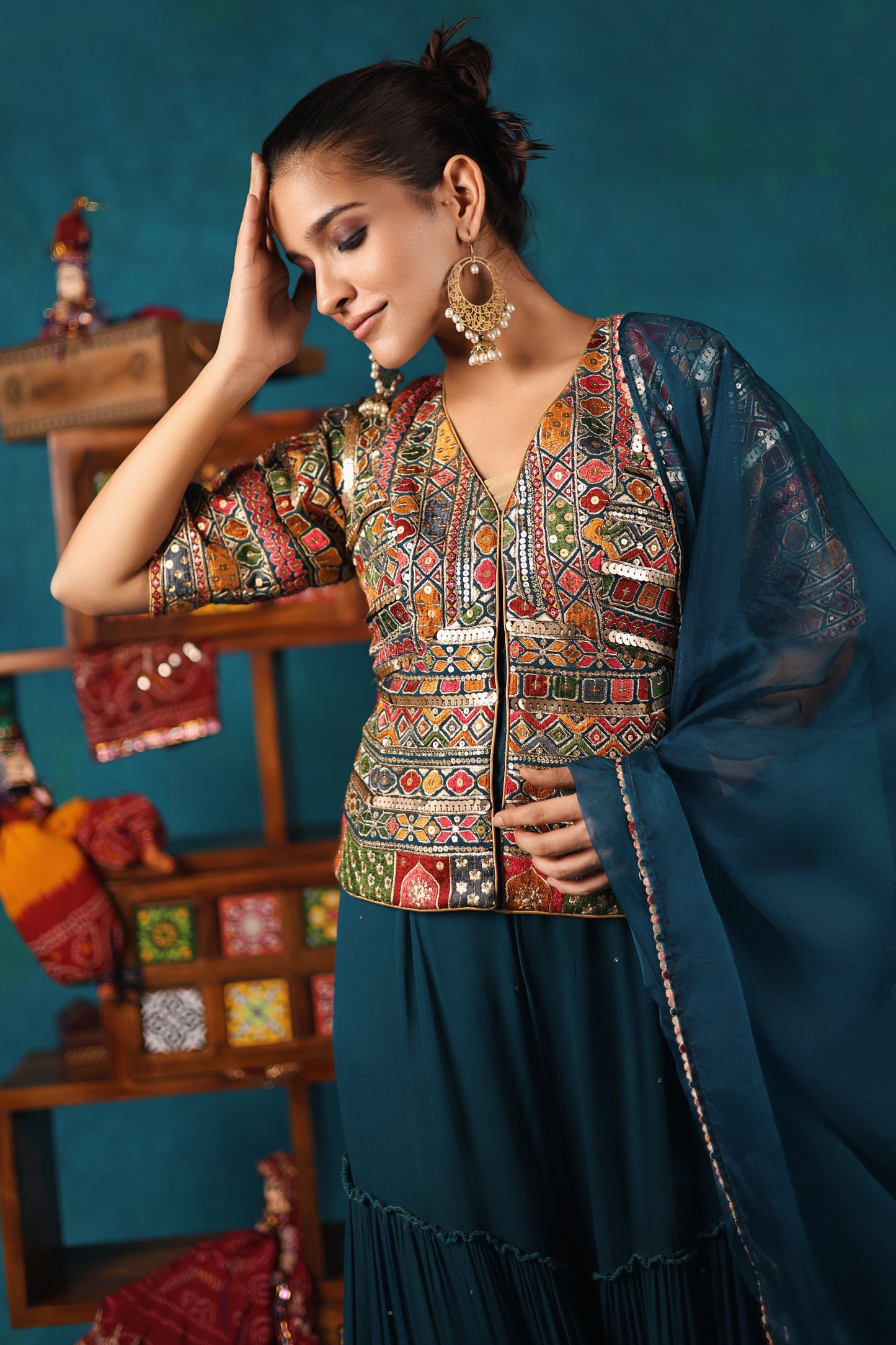 Teal Gharara and Corset Jacket Set