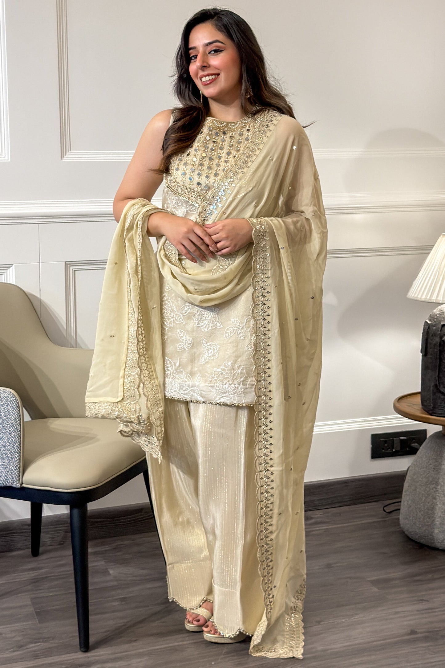 Ivory Mirrorwork Farshi Set