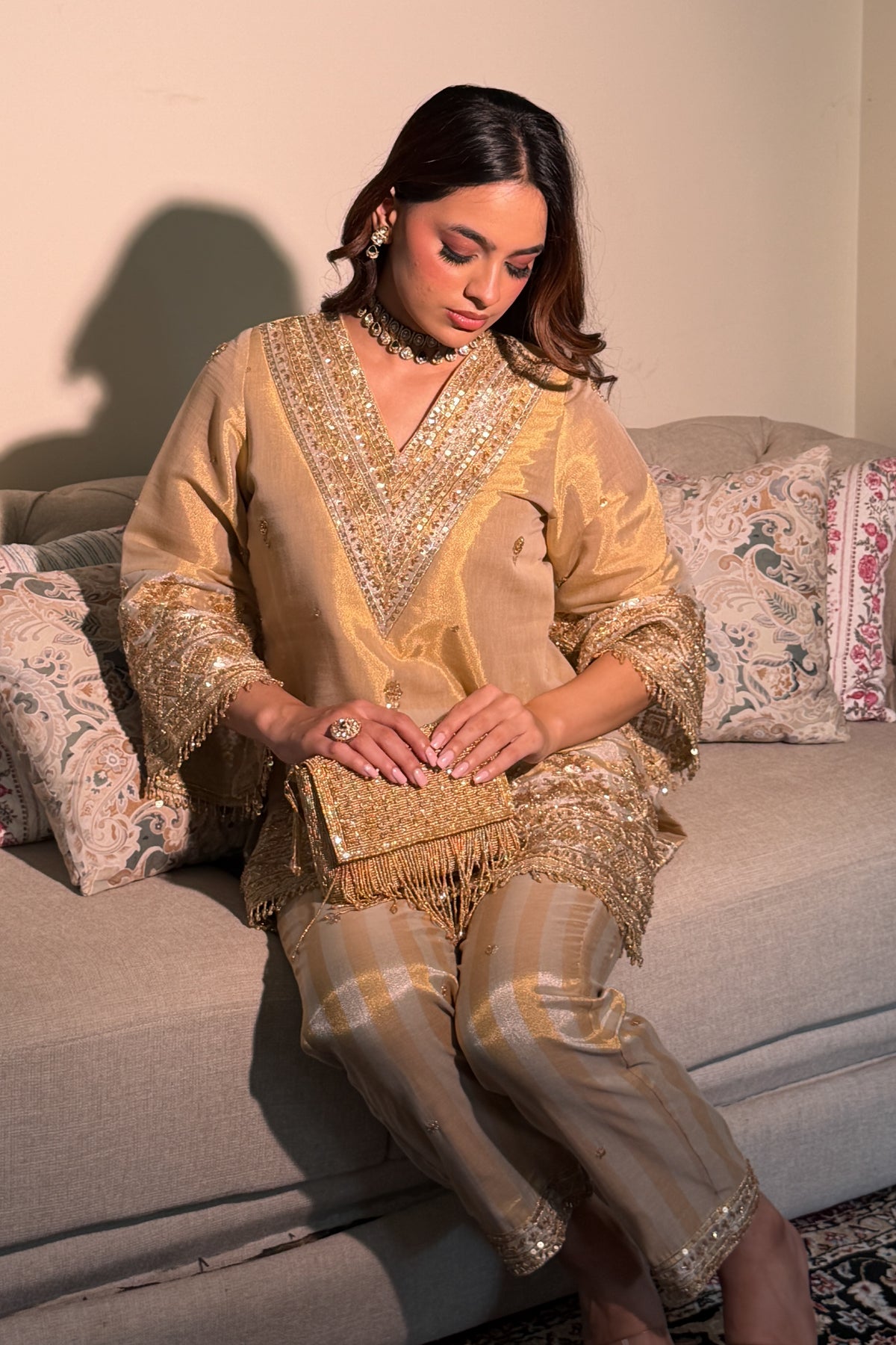 Gold-Silver Tissue Striped Embroidered Co-ord Set
